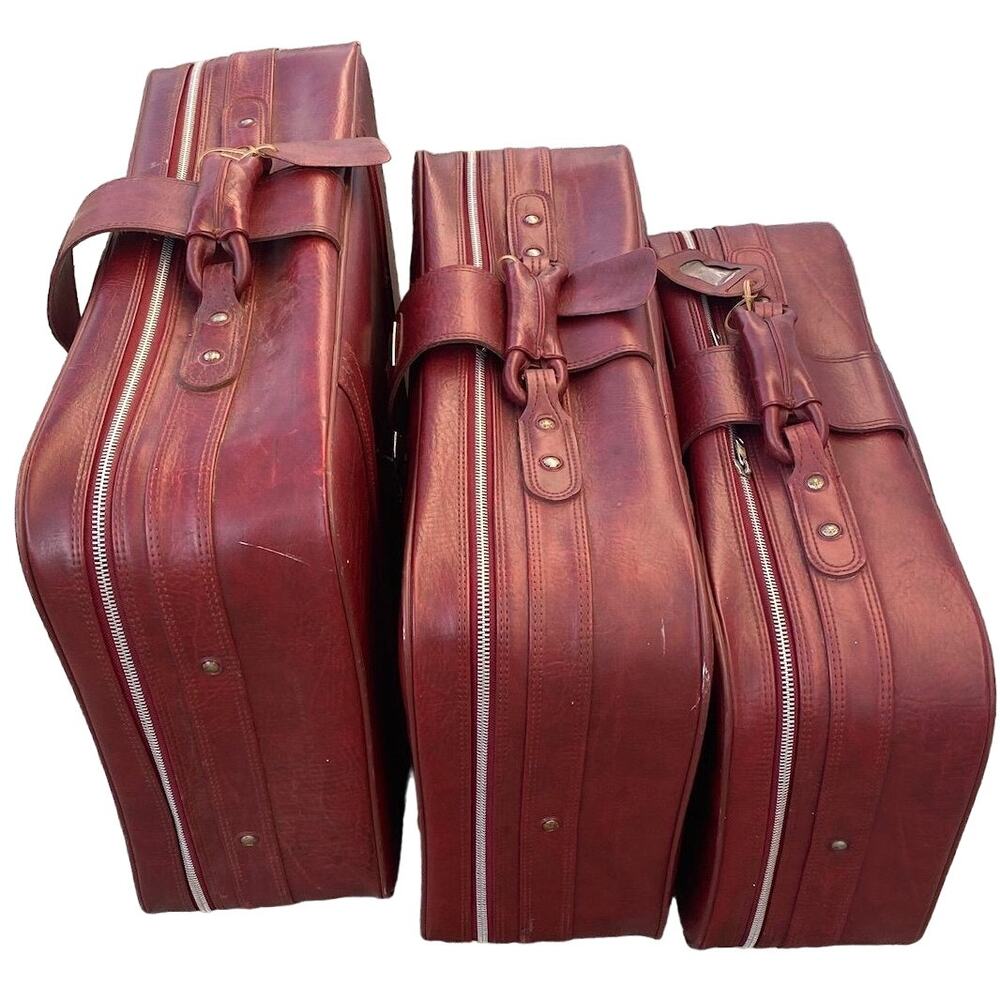 Set of 3 VTG New Vista Korean Travel Luggage Faux Leather Burgundy suitcases - Picture 8 of 16